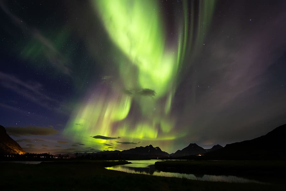 Aurora over body of water and mountain, nature, outdoors, night