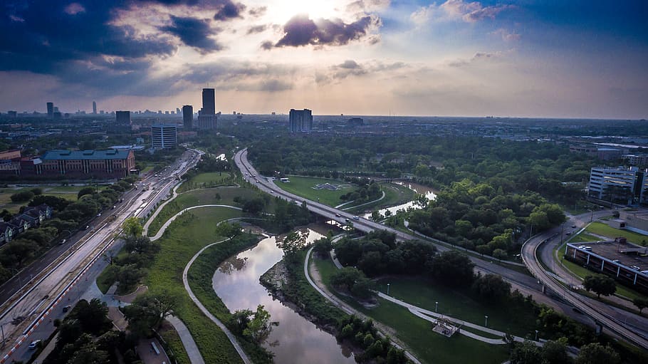 houston, united states, sunset, river, park, highway, drone, HD wallpaper