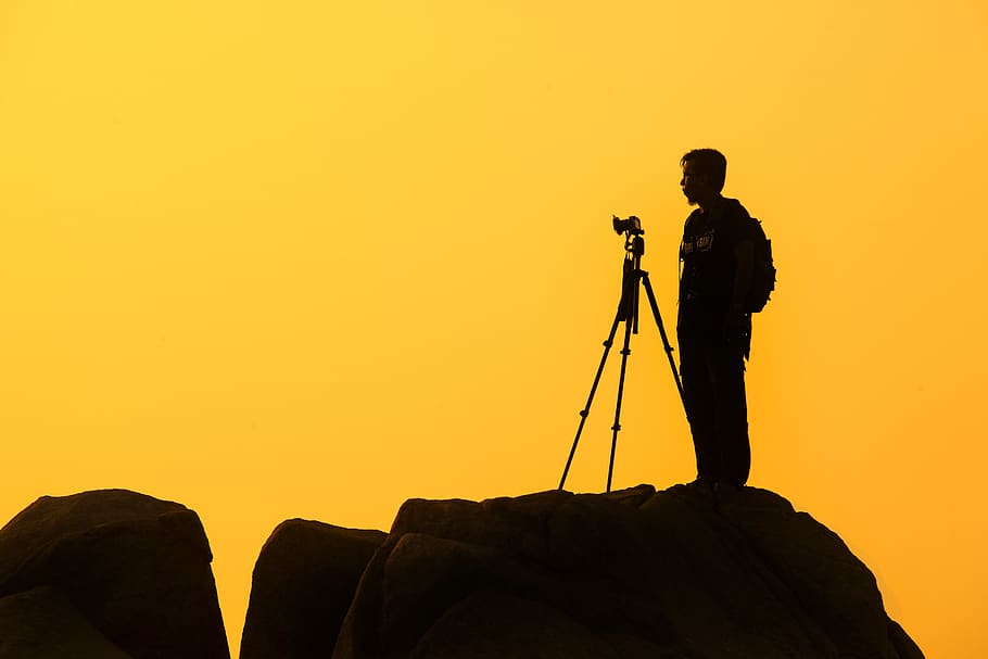 yellow, sunset, dusk, shadow, silhouette, photographer, camera HD wallpaper