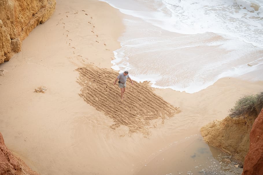 man, sand, pattern, beach, art, wave, ocean, vacations, time HD wallpaper