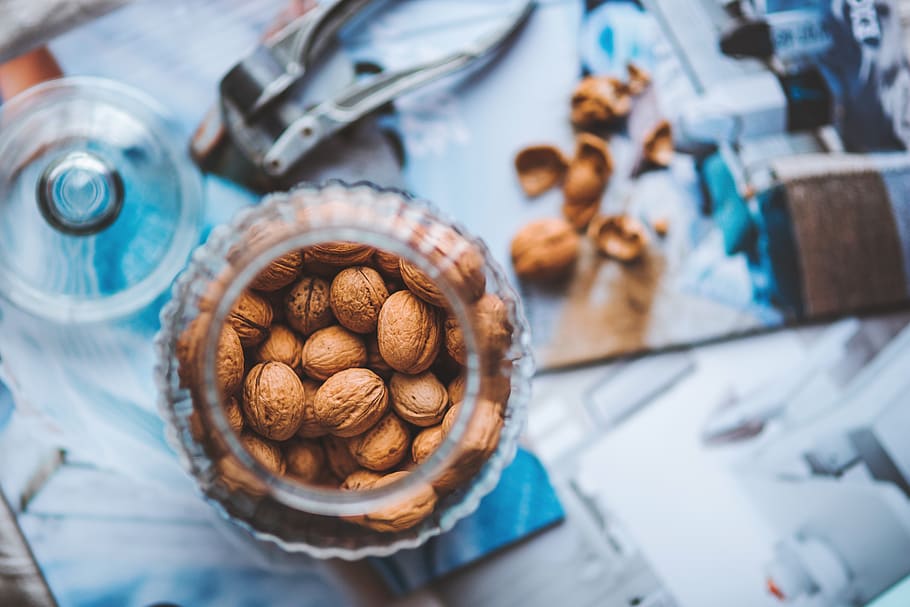 Walnuts in the jar, food, unprocessed, food and drink, high angle view HD wallpaper