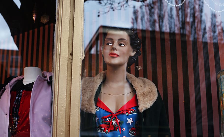 Mannequin On A Store Window, artificial, coat, dress, fashion, HD wallpaper
