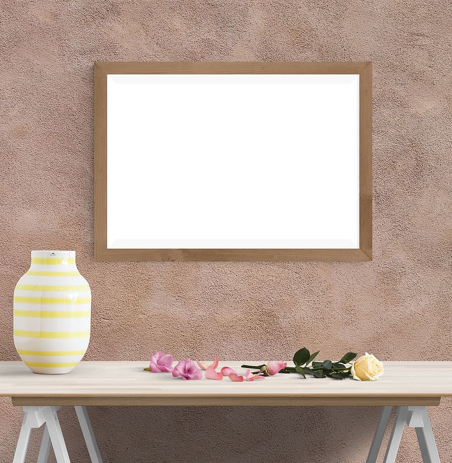 poster, frame, desk, flower, rose, vase, copy space, indoors HD wallpaper