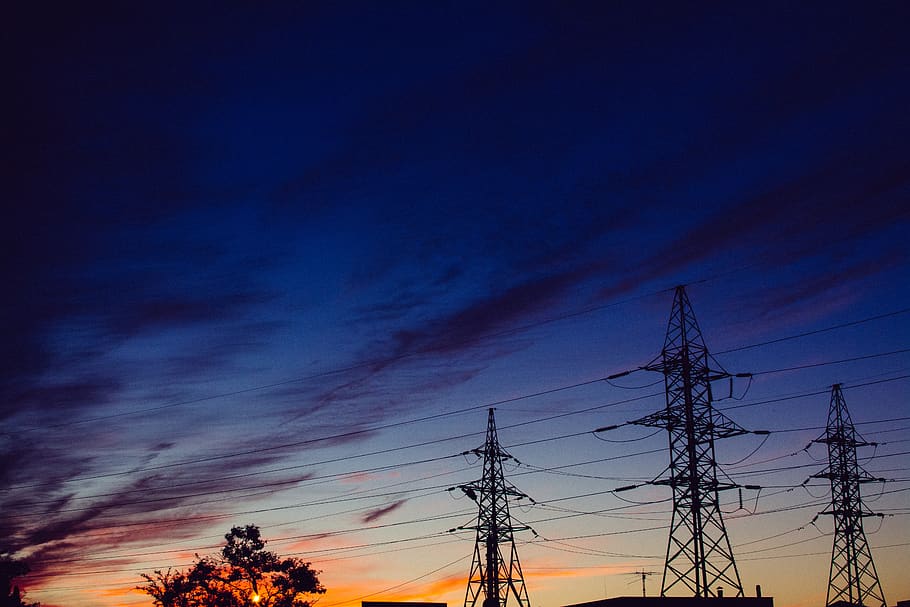 sunset, sky, clouds, wind, dark, power lines, electricity, technology HD wallpaper