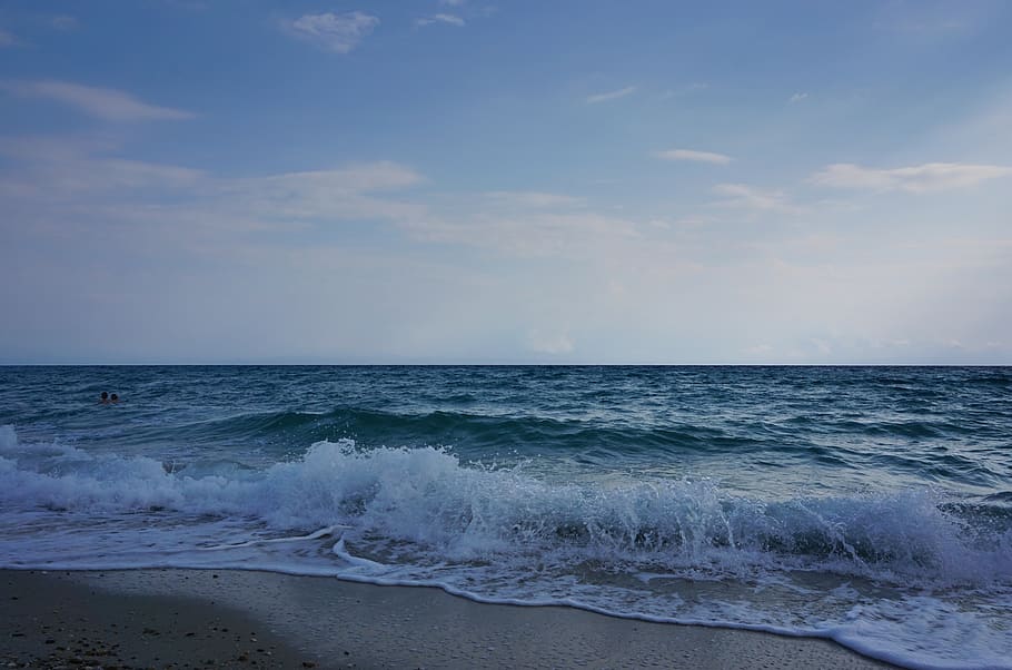 beach, sea, sand, waves, water, sky, horizon, horizon over water HD wallpaper