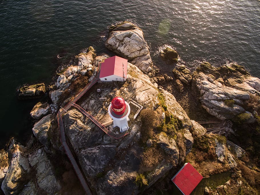 lighthouse, shore, ocean, coast, sunset, drone, arial, vancouver HD wallpaper