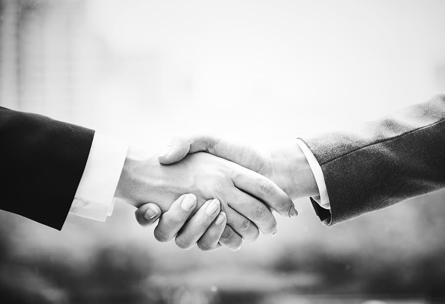 Two Person Doing Hand Shake, adult, black and white, business deal