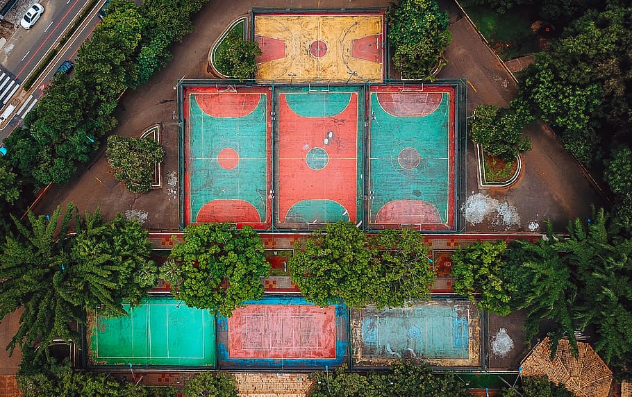 HD wallpaper: Bird's-eye Photography of Basketball Courts, color ...