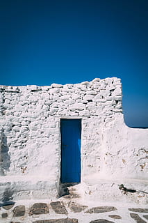 white concrete wall paint, greece, blue sky, simplicity, white bricks HD wallpaper