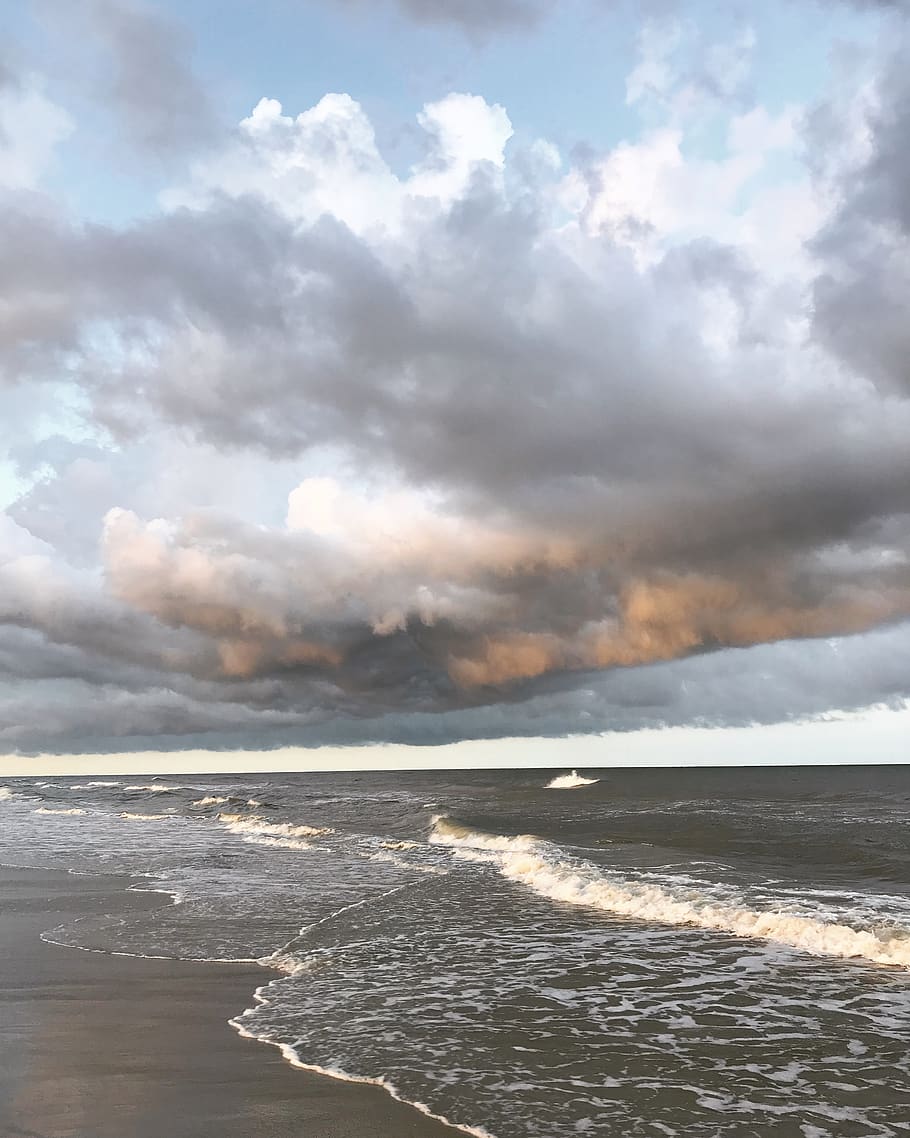 ocean, clouds, moody, gray, water, beach, sky, nature, cloud - sky HD wallpaper