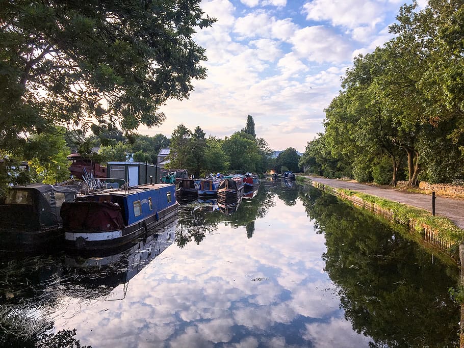 water, outdoors, canal, path, vehicle, transportation, boat