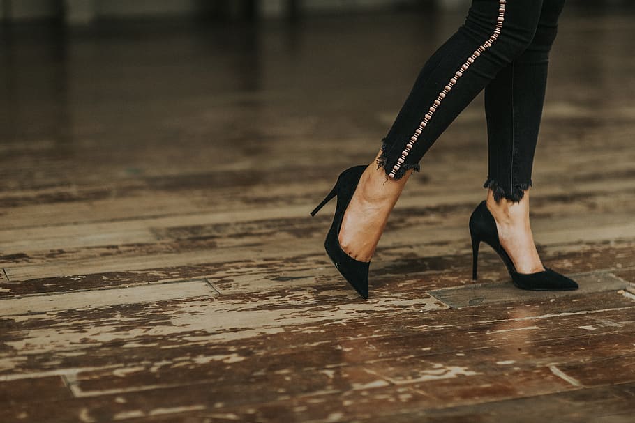 women's black pointed-toe stiletto heels, human leg, high heels, HD wallpaper