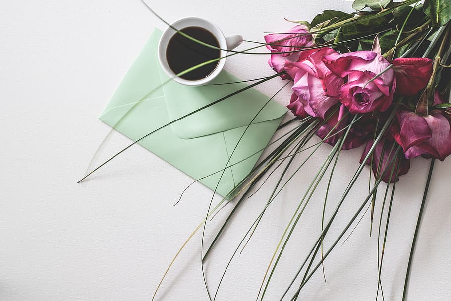 desk, letters, coffee, empty, leaf, roses, romantic, decoration HD wallpaper