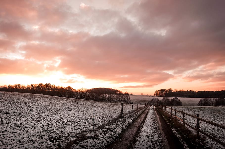 empty gray road, nature, outdoors, sunset, snow, sunrise, landscape HD wallpaper