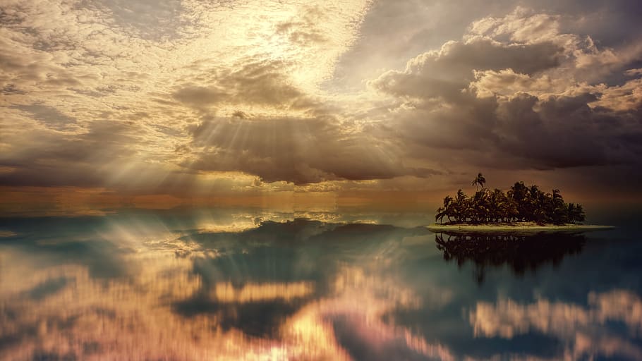 sunset, ocean, island, sea, water, sky, landscape, nature, dusk HD wallpaper