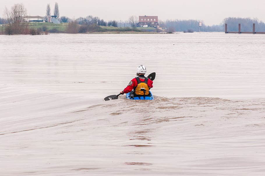 man in red jacket kayaking, water, transportation, real people HD wallpaper