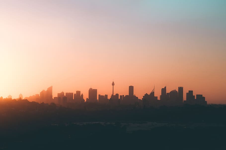 silhouette of high-rise buildings, sky, sunset, sunrise, landscape HD wallpaper