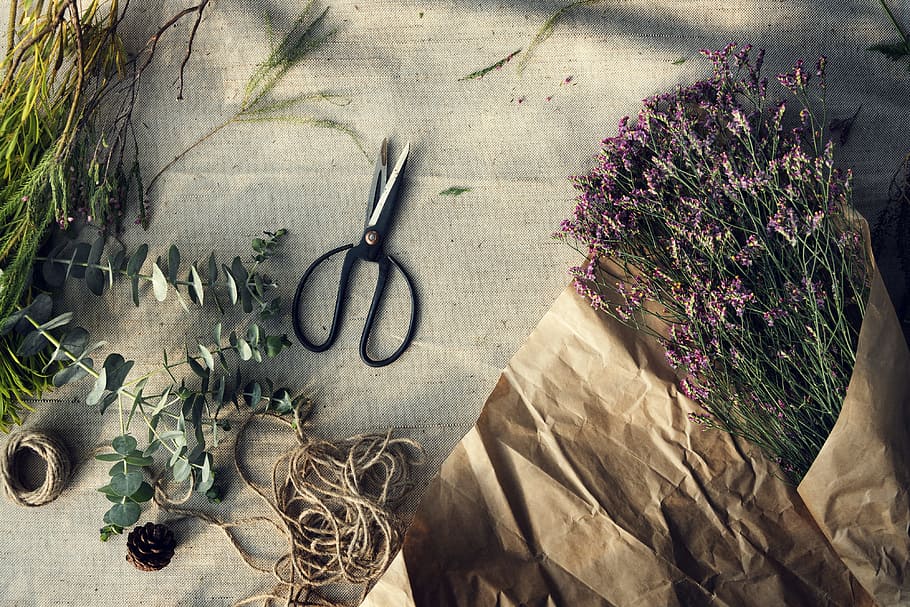 scissors, flower, floral, string, brown paper, florist, craft, HD wallpaper