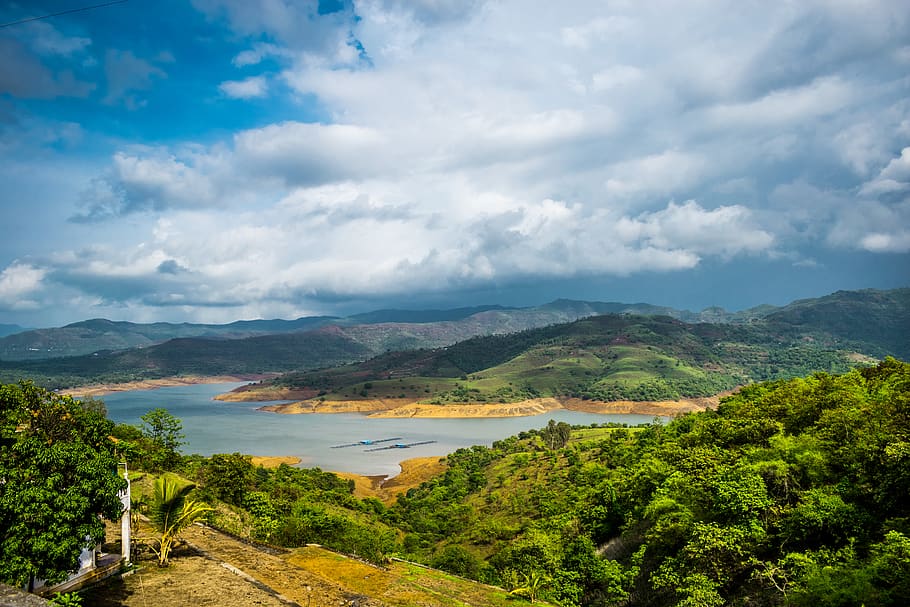view, nature, river, dam, trees, hills, beauty, lake, cloud - sky HD wallpaper
