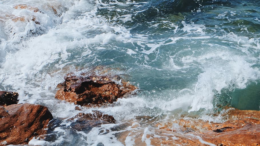 waves, water, swim, ocean, rocks, fujifilm, sea, motion, solid HD wallpaper