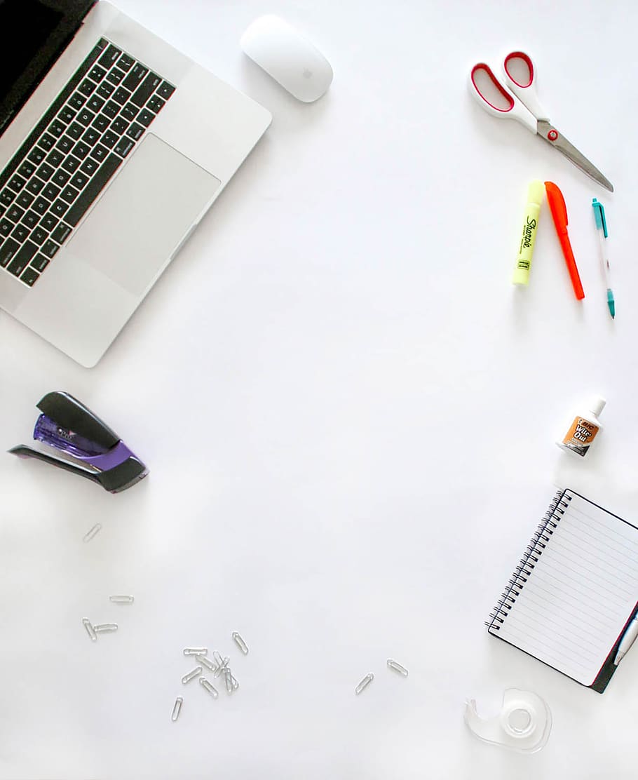 Macbook Pro, flatlay, from above, laptop, scissors, table, high angle view HD wallpaper