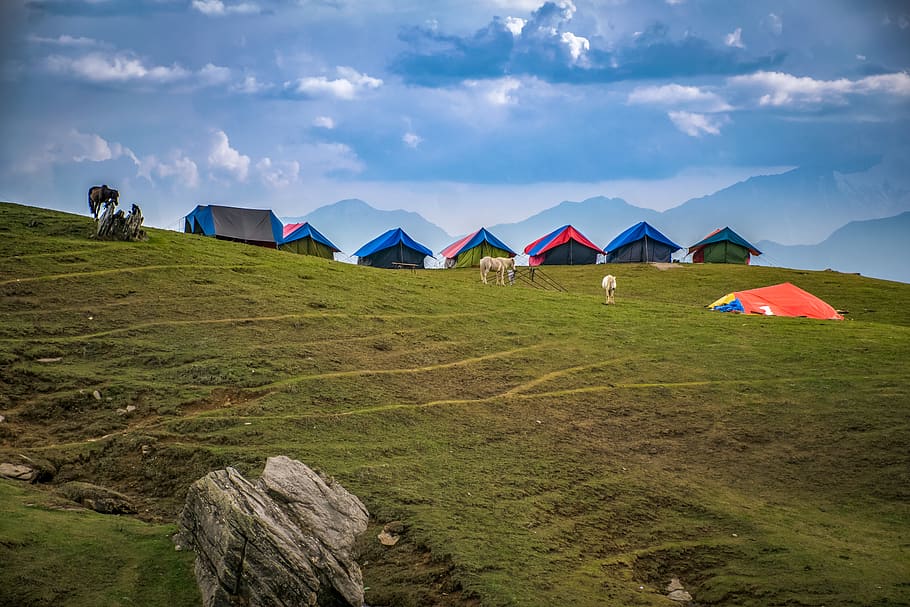 Photographed of Lined Tents on Green Grass Hills, adventure, clouds HD wallpaper