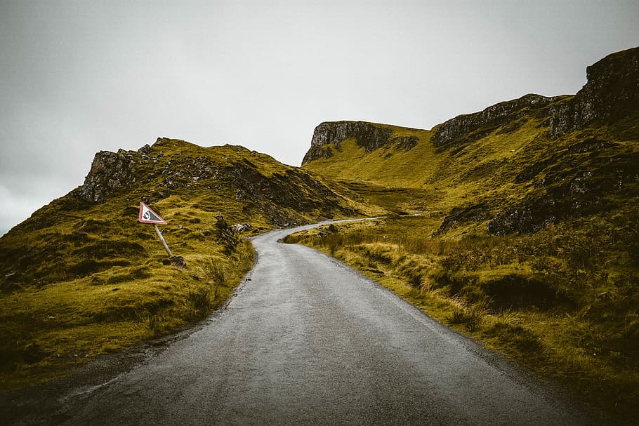green mountain, road, scenics - nature, sky, transportation, the way forward HD wallpaper
