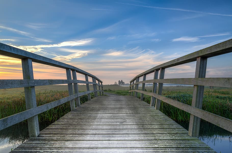 bridge, path, sunrise, nature, landscape, scenic, hdr, blue sky HD wallpaper