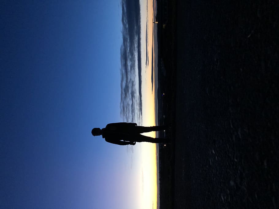 sunrise, cold, dark blue, orange, man, sky, mode of transportation HD wallpaper