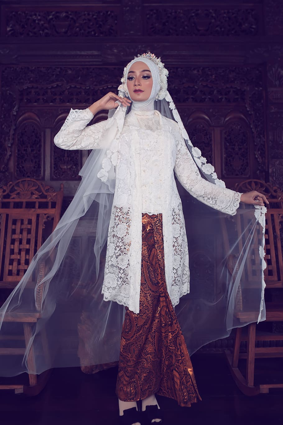 Woman Wearing White Hijab Headscarf and White and Brown Floral Lace Abaya Dress