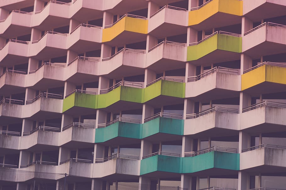 gray concrete building, balcony, housing, condo, urban, city HD wallpaper