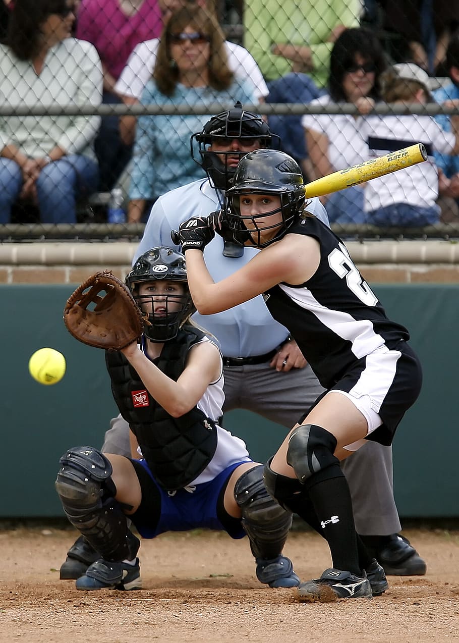 Two Female in Baseball Gears in Stadium Ready to Catch and Swing Baseball HD wallpaper