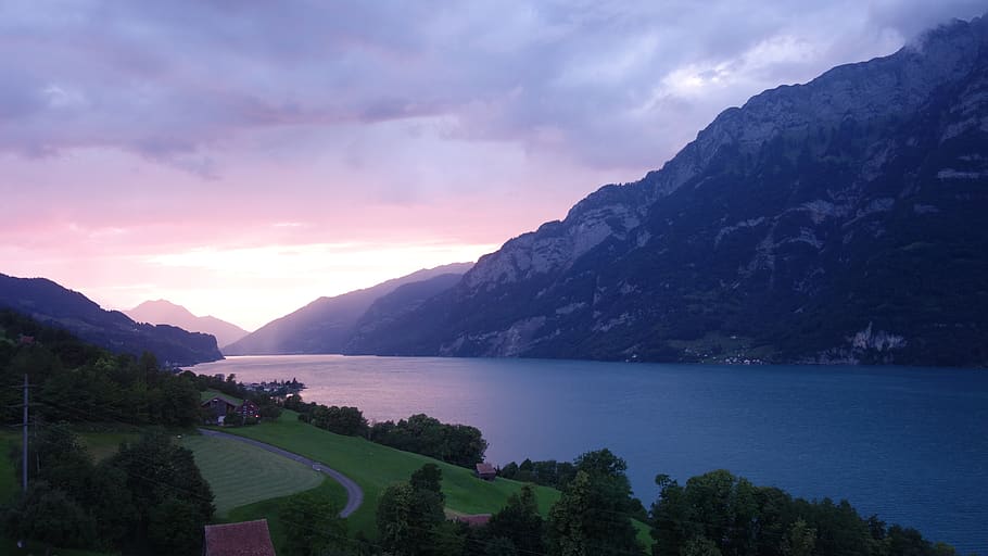 evening, mood, light, dark, lake, lake walen, churfirsten, abendstimmung HD wallpaper