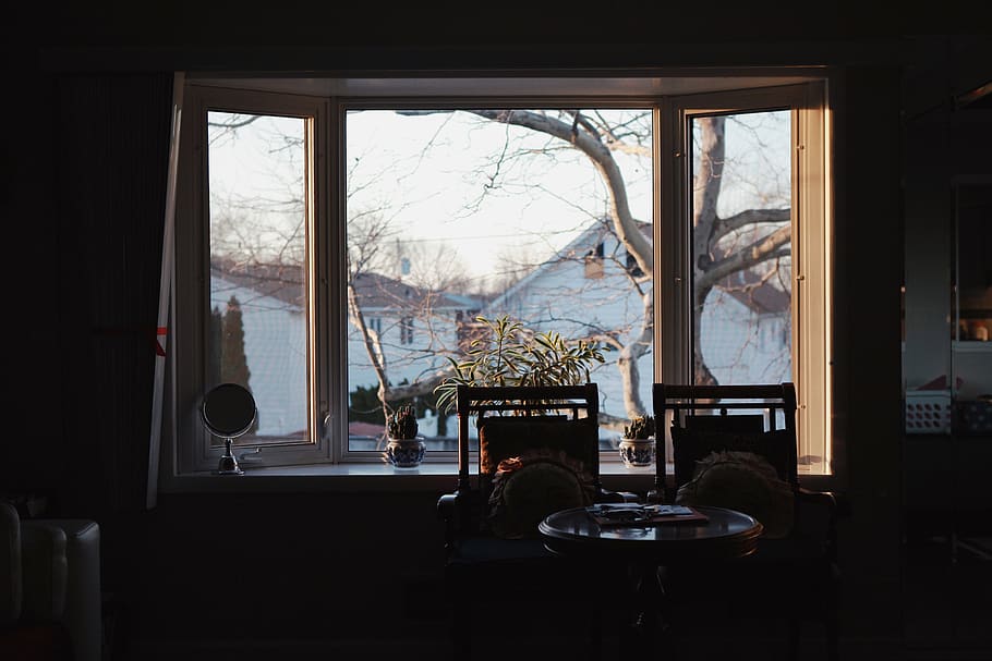 round black wooden table, window, indoors, transparent, day, glass - material HD wallpaper