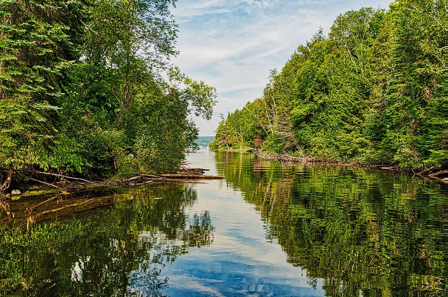narrows, boat path, sky, water reflection, scenic, travel, clouds HD wallpaper