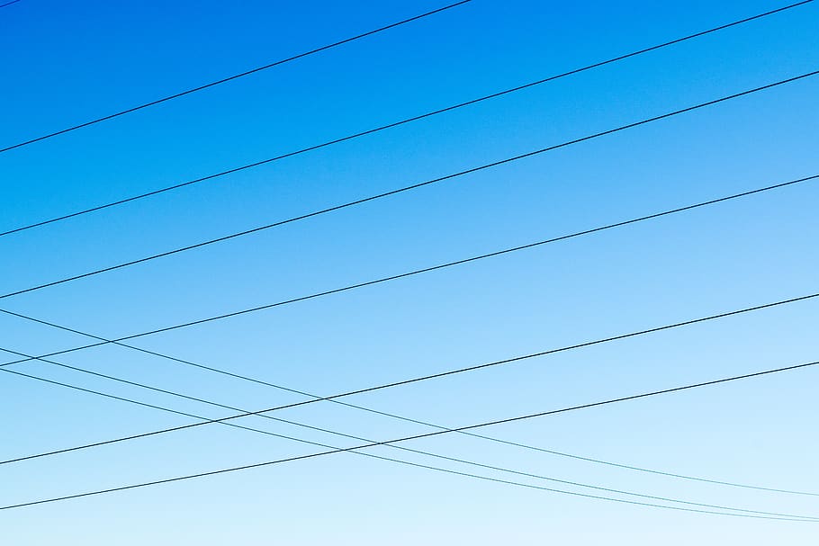 view of cable lines, sky, power lines, electric transmission tower, HD wallpaper
