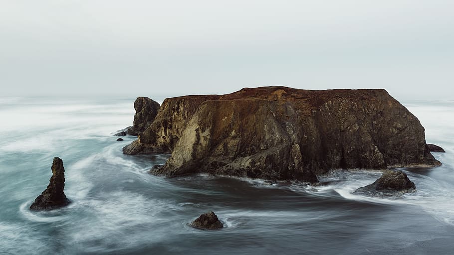 time lapse photo of brown islet, island, long exposure, seascape, HD wallpaper