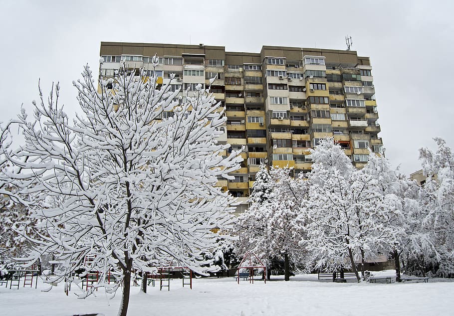 fresh snow, white, flocked, soviet, bulgaria, apartments, block HD wallpaper