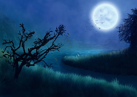 fantasy, background image, moon, trees, meadow, lake, mountains HD wallpaper