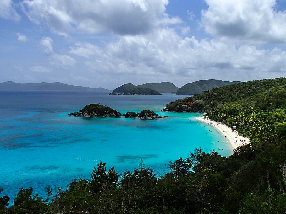 beach, tropical, vacation, sand, mountains, trees, hills, water HD wallpaper