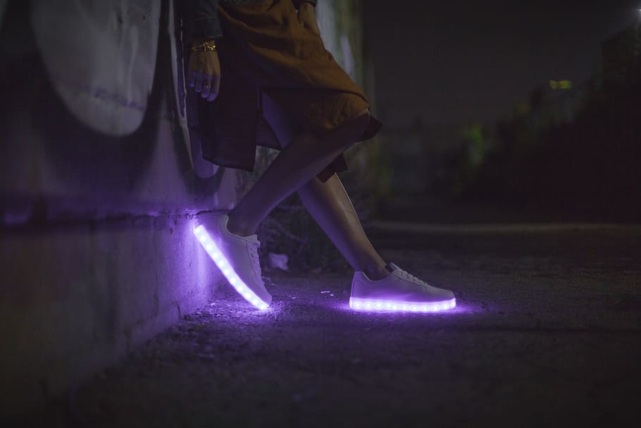 Pair of White White Led Soles Shoes, dark, light, person, sneakers HD wallpaper