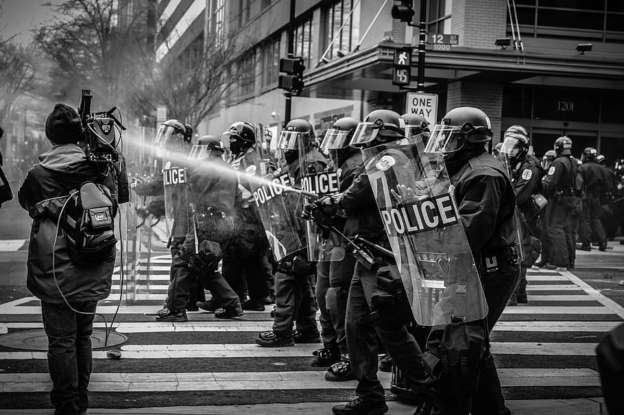 grayscale photo of police riot team on pedestrian lane, group of people, HD wallpaper
