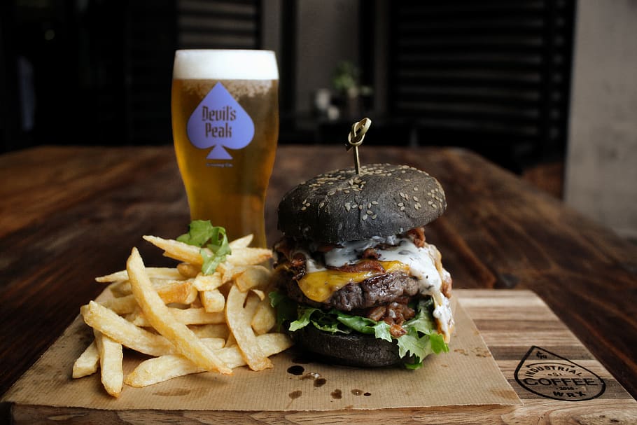 cooked burger and french fries, food, beer, drink, alcohol, beverage