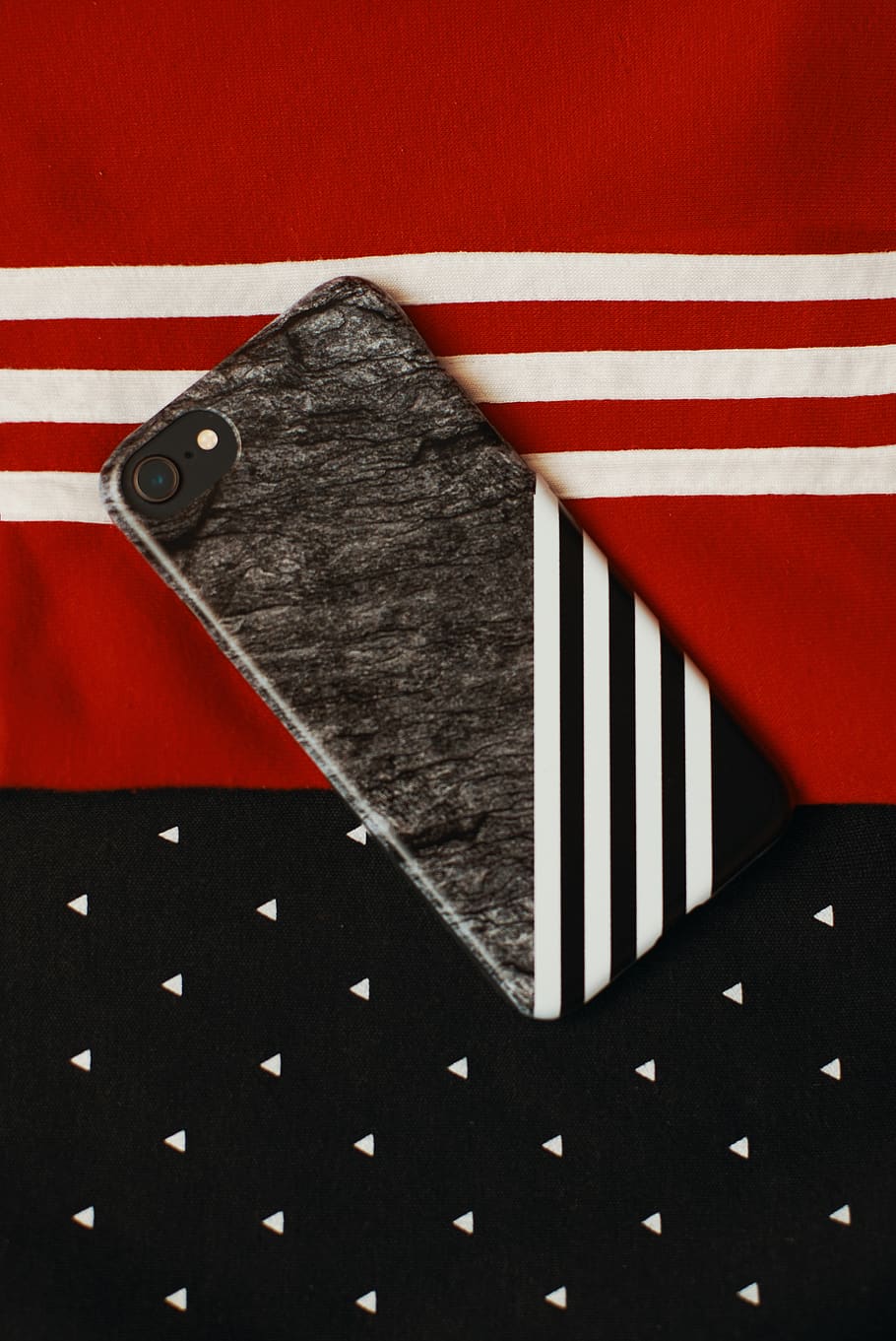 black iPhone on red and white textile, striped, no people, pattern HD wallpaper