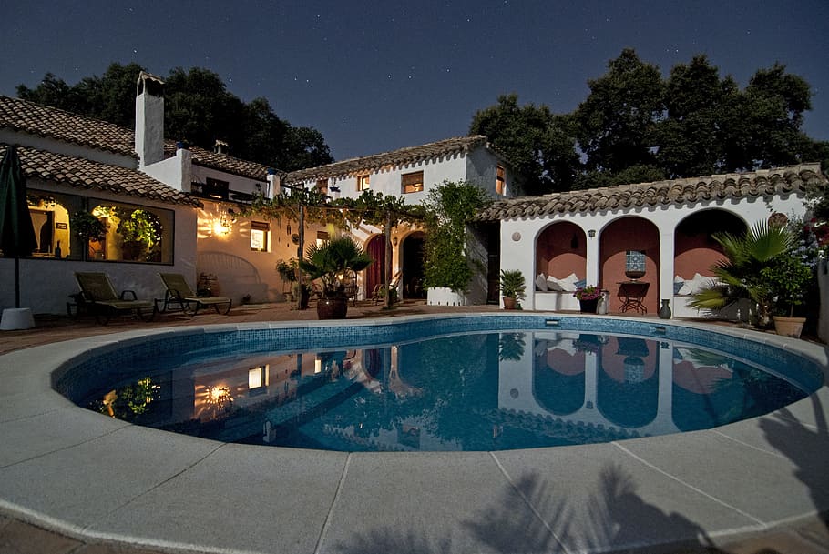 pool, backyard, villa, house, arches, roof, rich, stars, night, HD wallpaper