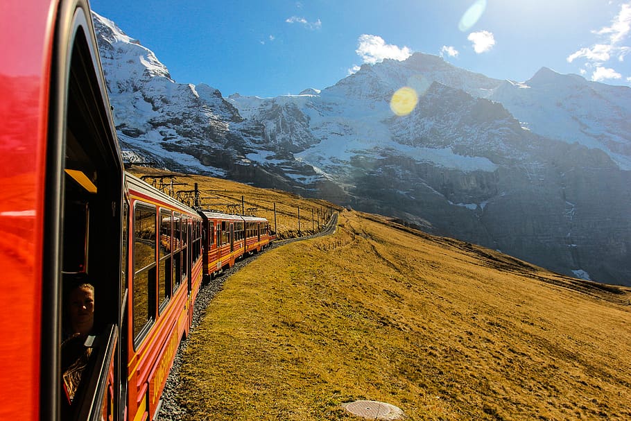 alps, swiss, mountain, transportation, train, mode of transportation HD wallpaper