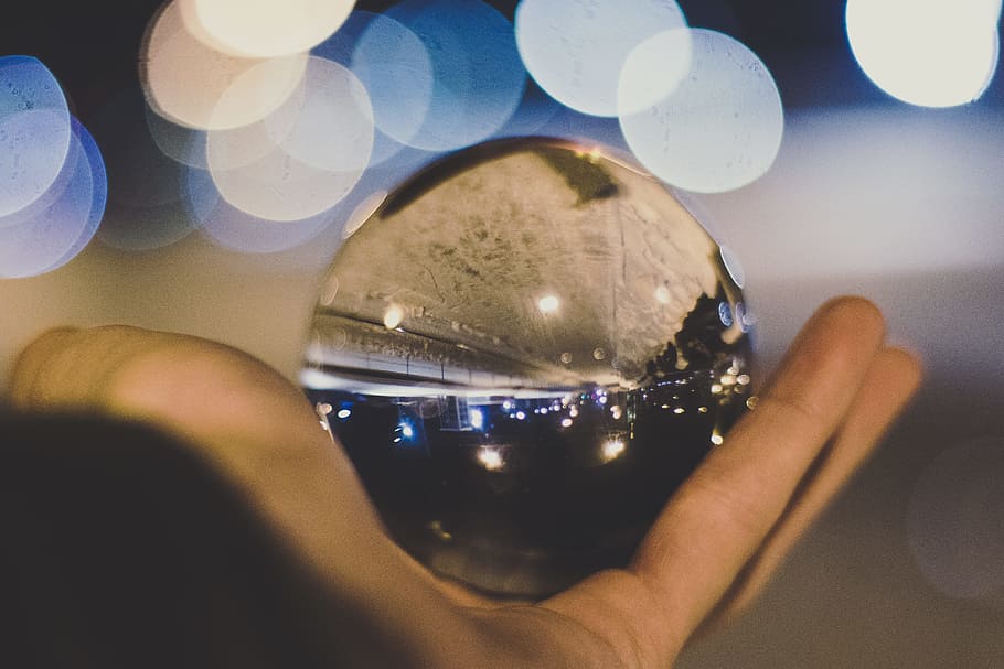 Crystal Ball on Person's Hand, ball-shaped, blur, bokeh, bottle