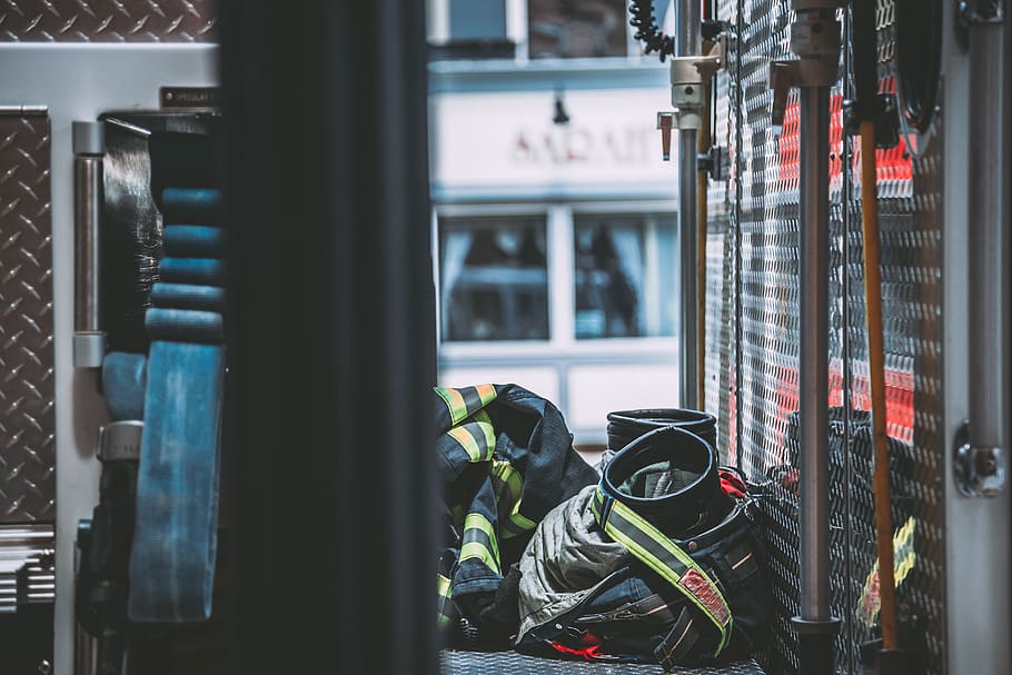 Firefighters Uniform on the Floor of a Fire Engine, fire truck HD wallpaper