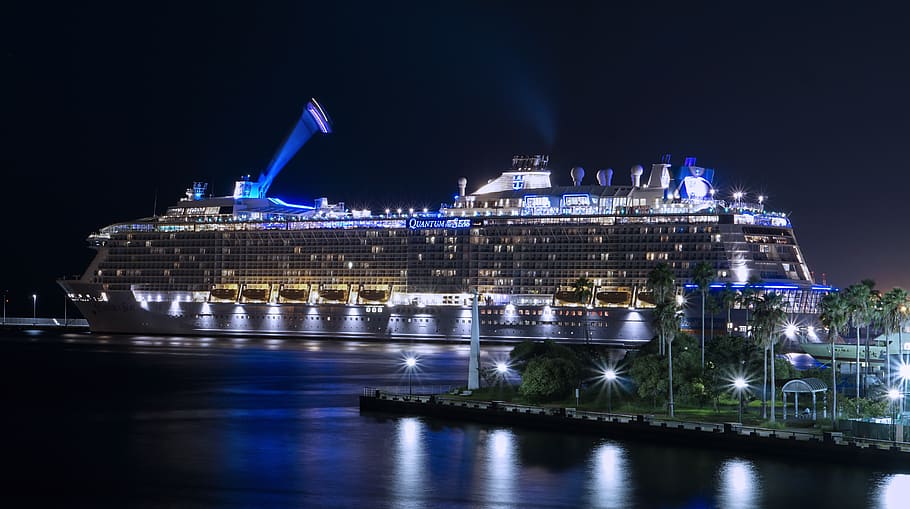 Lighted Ship on Ocean at Night, cruise ship, dark, docked, evening
