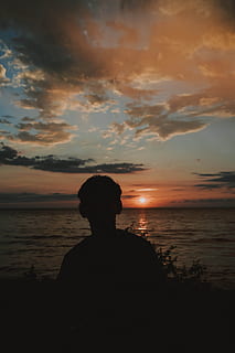 Silhouette Photography of Man Near Body of Water, alone, backlit HD wallpaper